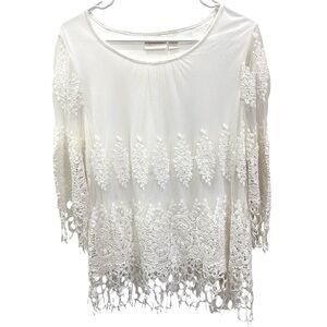 Chicos Boho White Embroidered Mesh Raina Top Womens Size 1 Crochet Coastal Beach